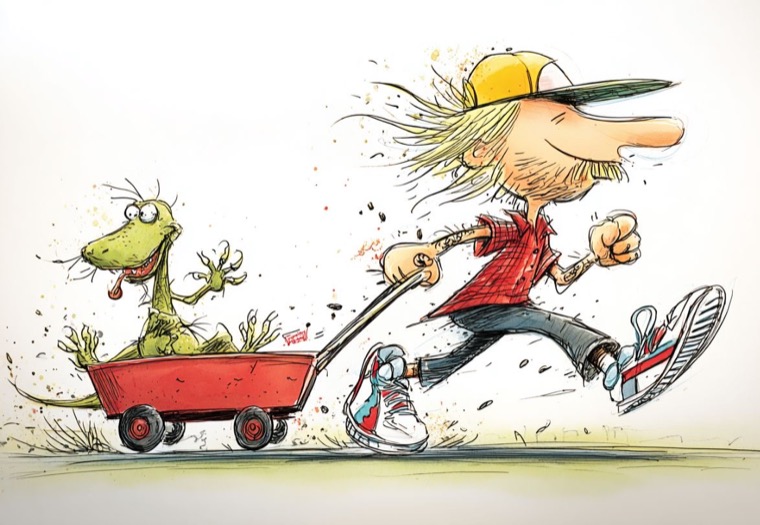 Running Pulling Wagon With Green Dragon Watercolor Storybook
