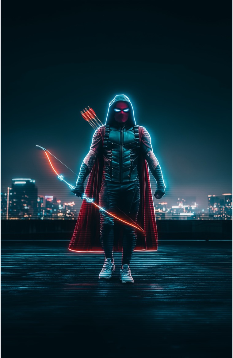 Archer Hooded Cape Standing Glowing Bow Rooftop Night